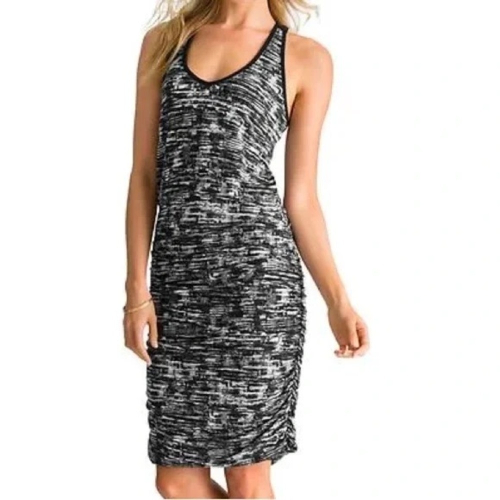 Athleta Black White Printed Tank Dress Small Ruched Racerback Casual Stretch